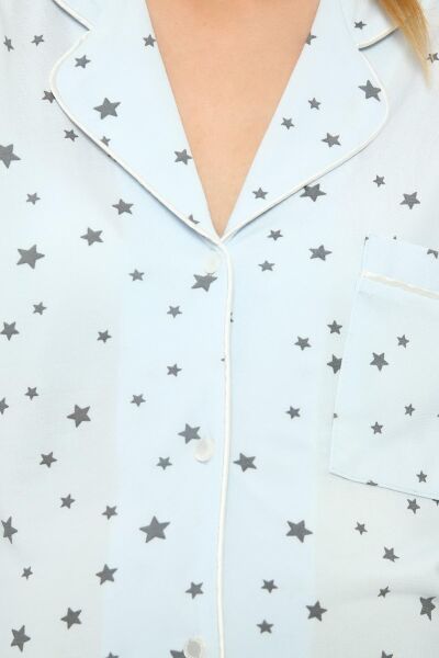 Önden Düğmeli Hamile Lohusa MEVSİMLİK UZUN KOL PİJAMA TAKIMI MAVİ YILDIZ - L