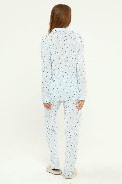 Önden Düğmeli Hamile Lohusa MEVSİMLİK UZUN KOL PİJAMA TAKIMI MAVİ YILDIZ - L