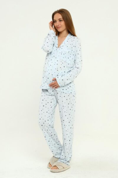 Önden Düğmeli Hamile Lohusa MEVSİMLİK UZUN KOL PİJAMA TAKIMI MAVİ YILDIZ - XL