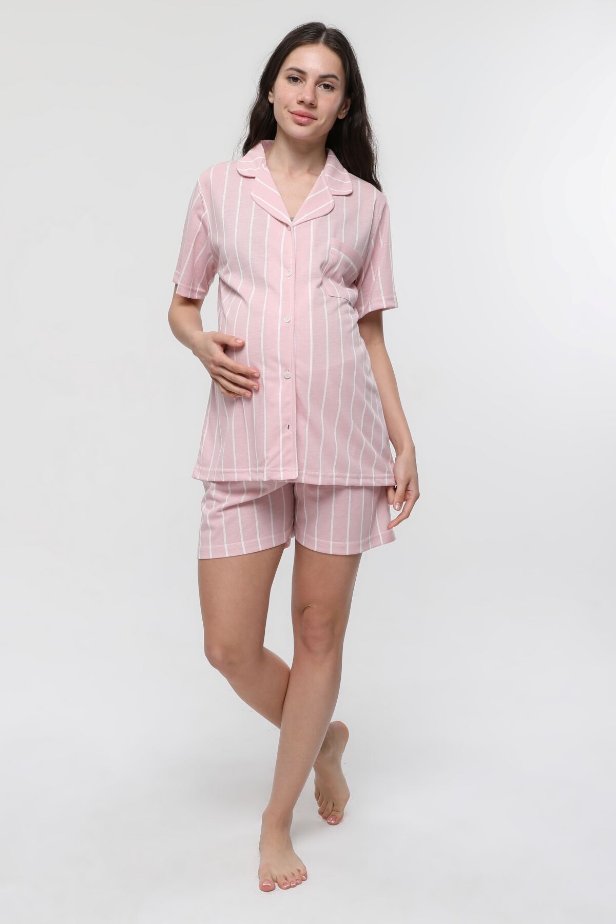 LİKAPA Penye Önden Düğmeli Hamile Lohusa Kısa Kol Şortlu Takımı Somon Çizgili - 3XL