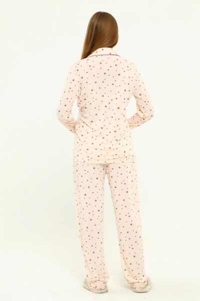 Önden Düğmeli Hamile Lohusa MEVSİMLİK UZUN KOL PİJAMA TAKIMI SOMON YILDIZ - M