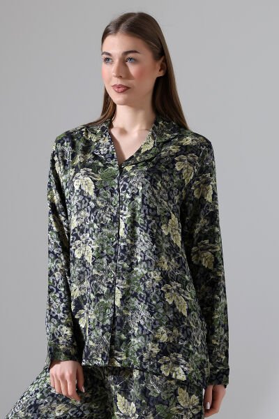 LİKAPASHOP VİSKON JAKARLI UZUN KOL PİJAMA TAKIMI YEŞİL ÇİÇEK - M