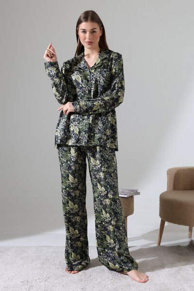 LİKAPASHOP VİSKON JAKARLI UZUN KOL PİJAMA TAKIMI YEŞİL ÇİÇEK - XL