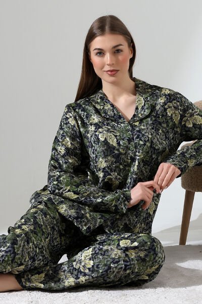 LİKAPASHOP VİSKON JAKARLI UZUN KOL PİJAMA TAKIMI YEŞİL ÇİÇEK - XL