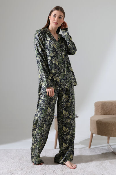 LİKAPASHOP VİSKON JAKARLI UZUN KOL PİJAMA TAKIMI YEŞİL ÇİÇEK - 2XL
