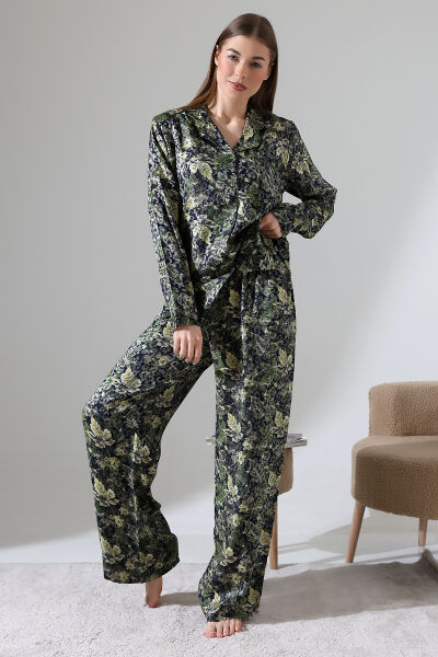 LİKAPASHOP VİSKON JAKARLI UZUN KOL PİJAMA TAKIMI YEŞİL ÇİÇEK - 2XL