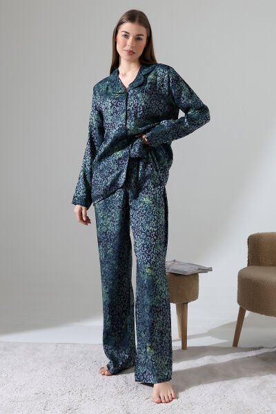 LİKAPASHOP VİSKON JAKARLI UZUN KOL PİJAMA TAKIMI Yeşil Leopar - M
