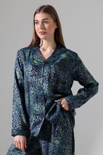 LİKAPASHOP VİSKON JAKARLI UZUN KOL PİJAMA TAKIMI Yeşil Leopar - M