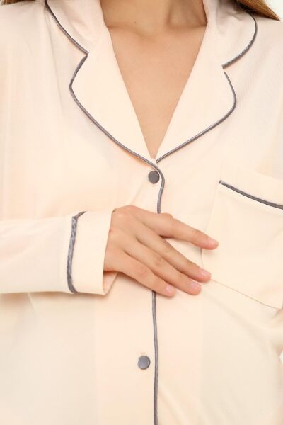 Önden Düğmeli Hamile Lohusa MEVSİMLİK UZUN KOL PİJAMA TAKIMI SOMON - L