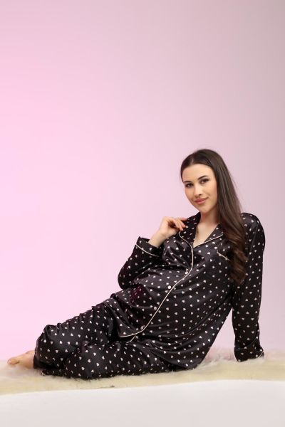 Likapa Saten Önden Düğmeli Hamile Lohusa UZUN KOL PİJAMA TAKIMI