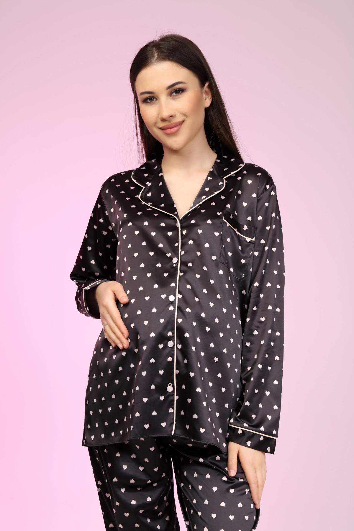 Likapa Saten Önden Düğmeli Hamile Lohusa UZUN KOL PİJAMA TAKIMI SOMON KALP - XL