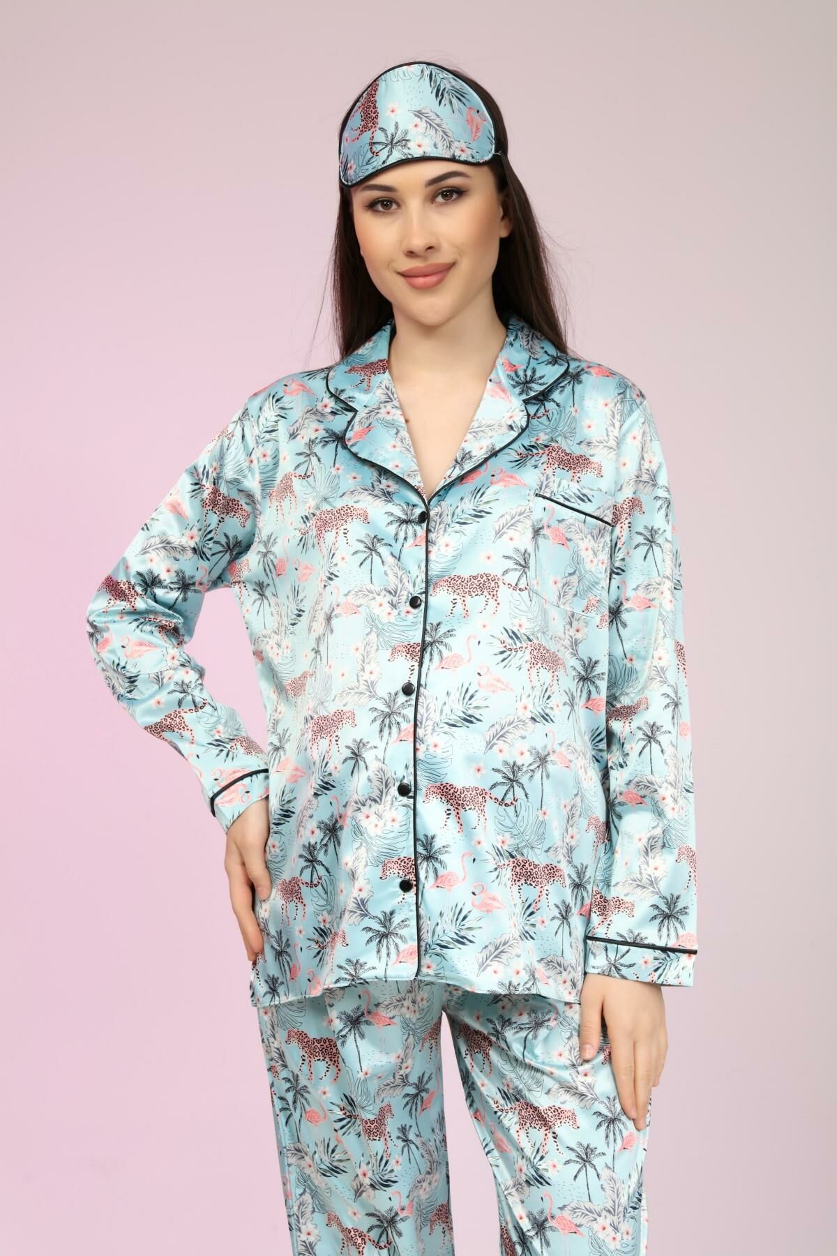 Likapa Saten Önden Düğmeli Hamile Lohusa UZUN KOL PİJAMA TAKIMI Mint - M