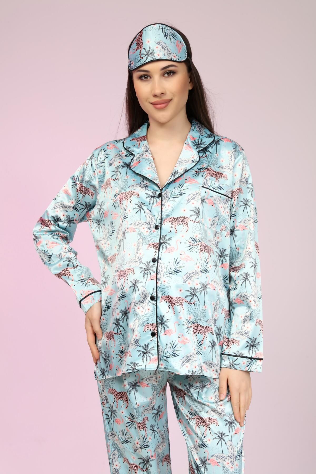 Likapa Saten Önden Düğmeli Hamile Lohusa UZUN KOL PİJAMA TAKIMI Mint - XL