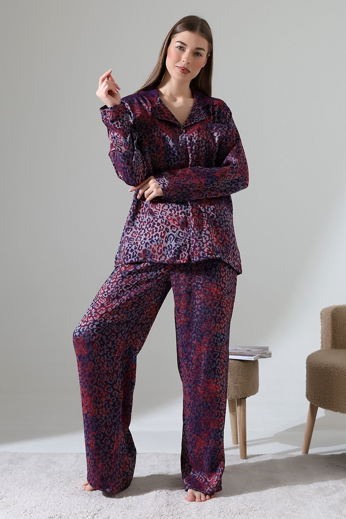LİKAPASHOP VİSKON JAKARLI UZUN KOL PİJAMA TAKIMI bordo leopar - 2XL