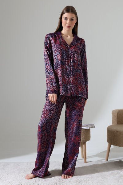 LİKAPASHOP VİSKON JAKARLI UZUN KOL PİJAMA TAKIMI bordo leopar - 2XL