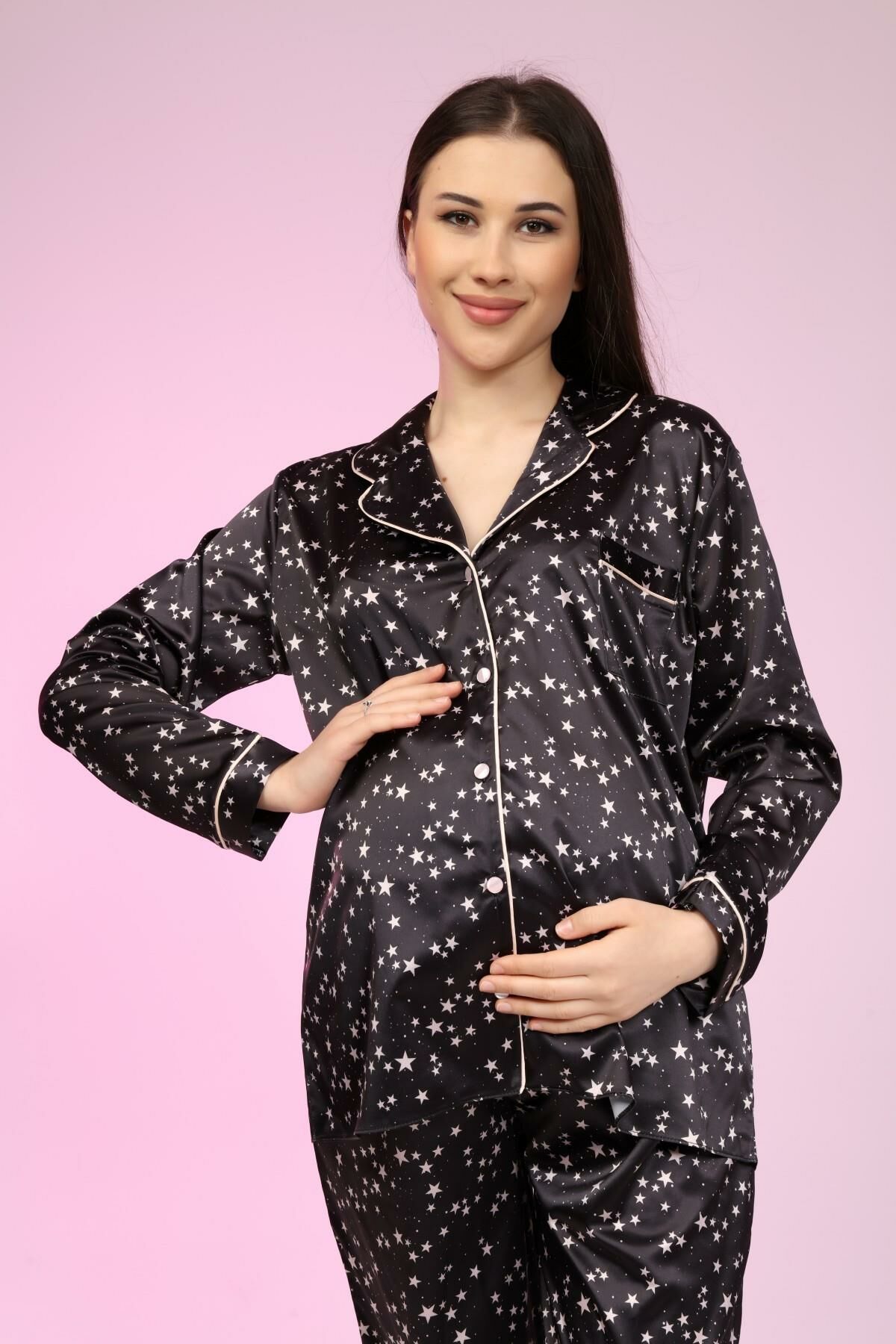 Likapa Saten Önden Düğmeli Hamile Lohusa UZUN KOL PİJAMA TAKIMI SOMON YILDIZ - M