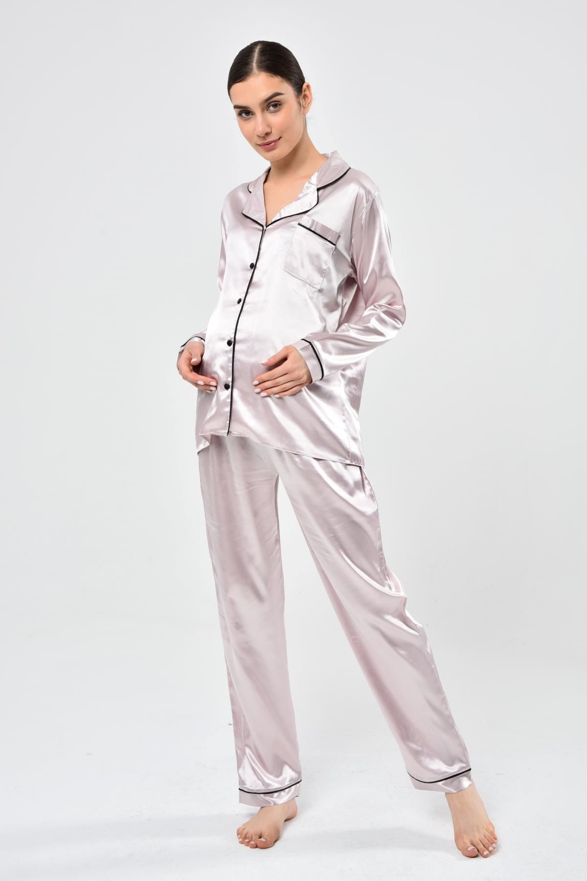 Likapa Saten Önden Düğmeli Hamile Lohusa UZUN KOL PİJAMA TAKIMI Pudra - L