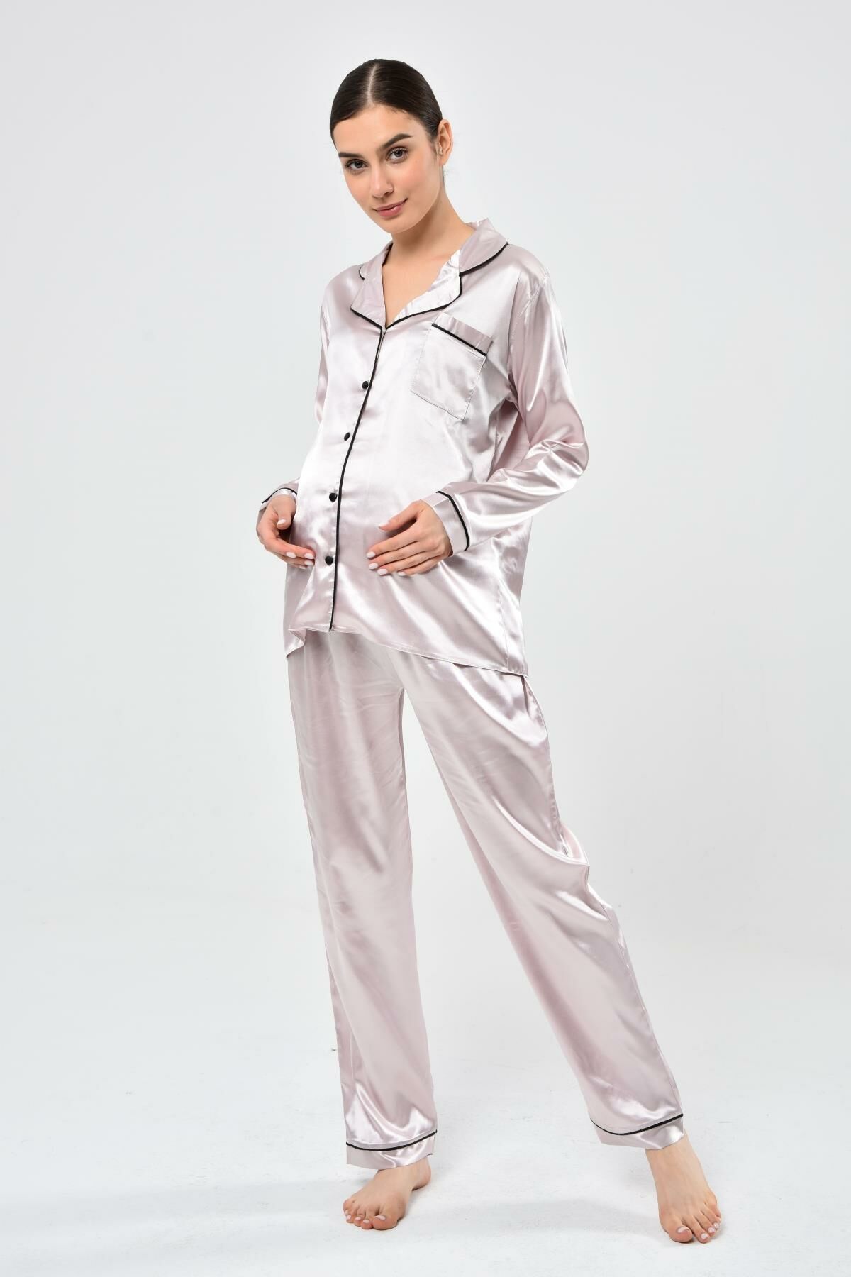 Likapa Saten Önden Düğmeli Hamile Lohusa UZUN KOL PİJAMA TAKIMI Pudra - XL