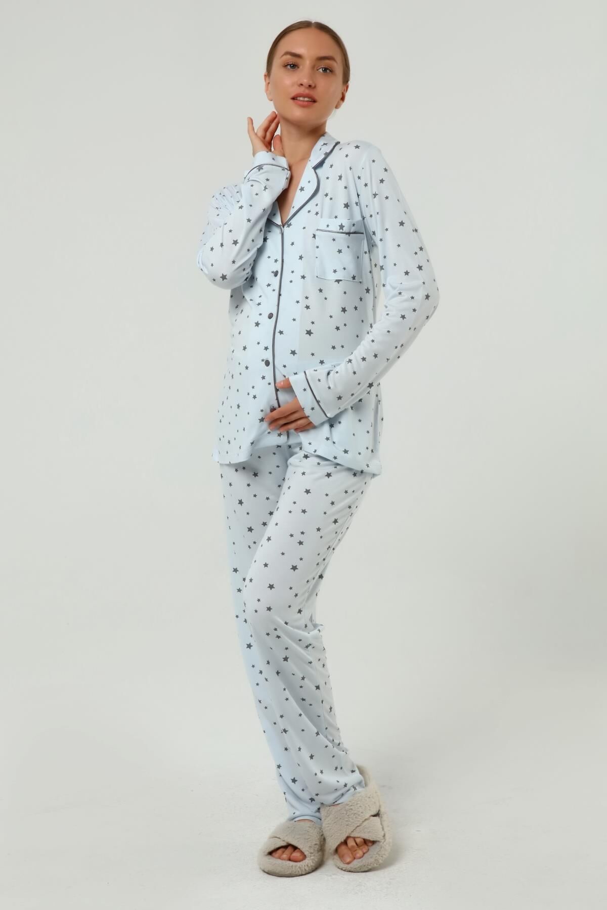 Önden Düğmeli Hamile Lohusa MEVSİMLİK UZUN KOL PİJAMA TAKIMI Mavi Gri Yıldız - M