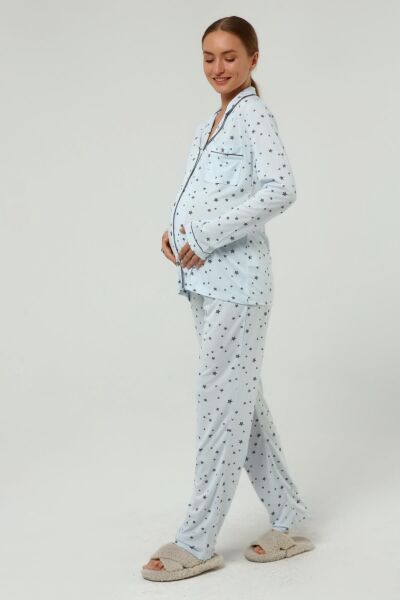 Önden Düğmeli Hamile Lohusa MEVSİMLİK UZUN KOL PİJAMA TAKIMI Mavi Gri Yıldız - M