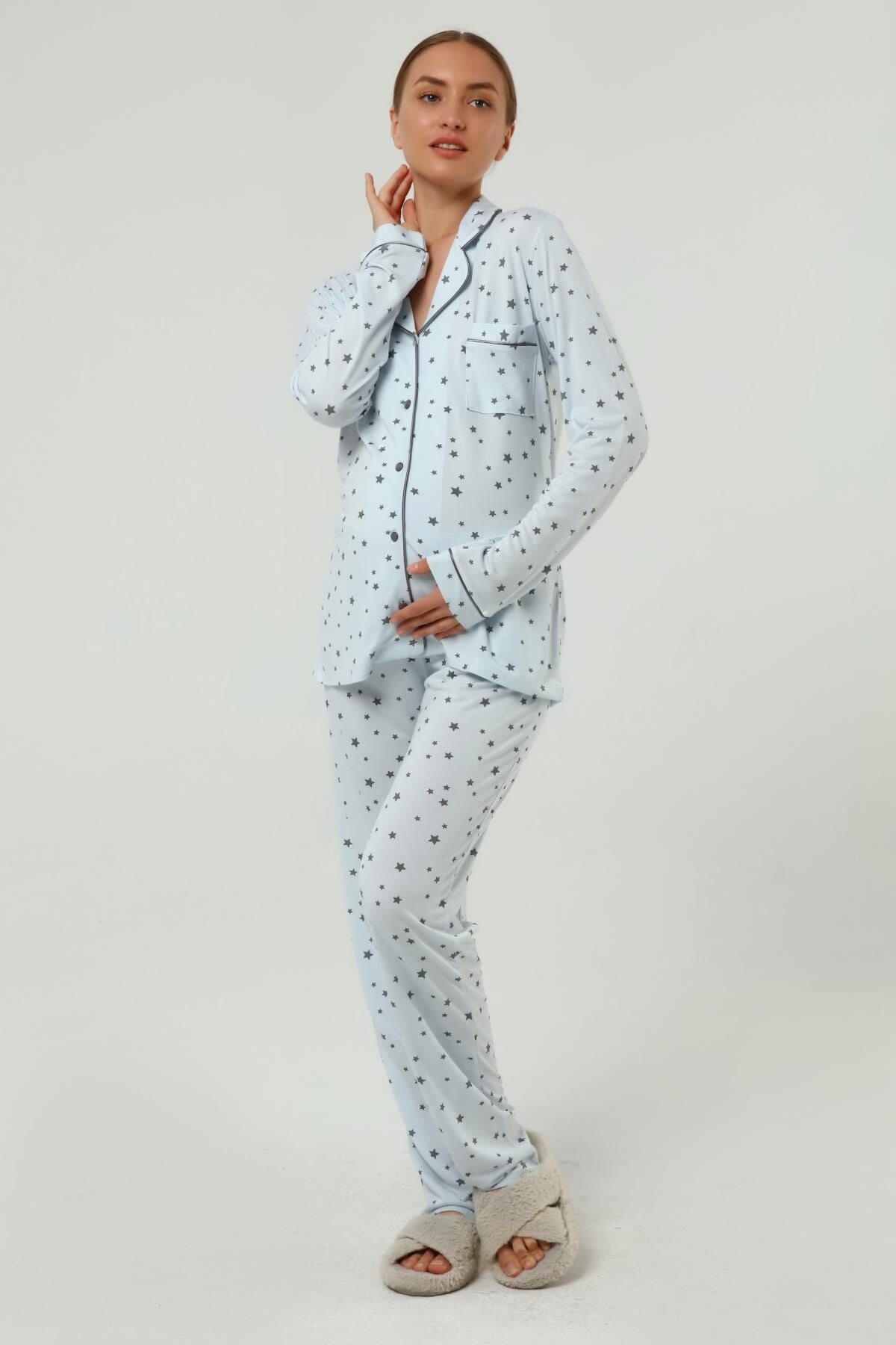 Önden Düğmeli Hamile Lohusa MEVSİMLİK UZUN KOL PİJAMA TAKIMI Mavi Gri Yıldız - XL