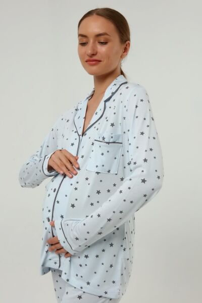 Önden Düğmeli Hamile Lohusa MEVSİMLİK UZUN KOL PİJAMA TAKIMI Mavi Gri Yıldız - XL