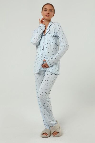 Önden Düğmeli Hamile Lohusa MEVSİMLİK UZUN KOL PİJAMA TAKIMI Mavi Gri Yıldız - 2XL