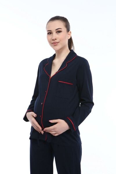 Likapa Düz Renk Önden Düğmeli Hamile Lohusa UZUN KOL PİJAMA TAKIMI