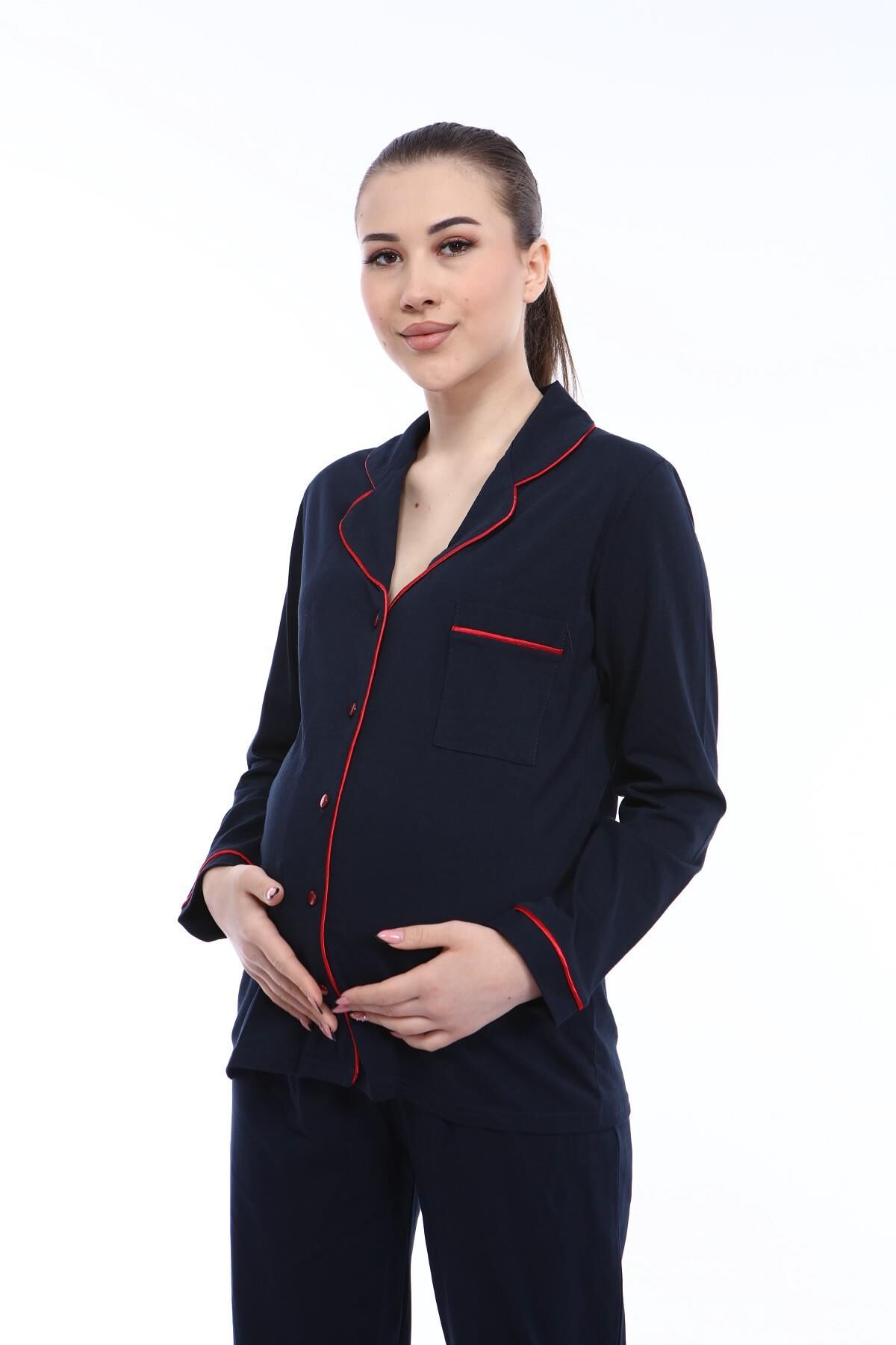 Likapa Düz Renk Önden Düğmeli Hamile Lohusa UZUN KOL PİJAMA TAKIMI LACİVERT - L