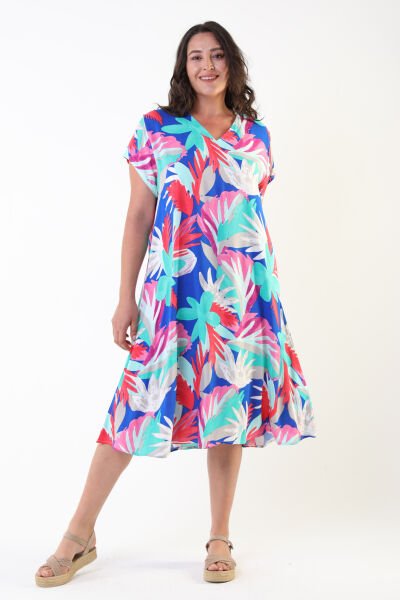 Likapa Yazlık Büyük Beden Viskon  V Yaka Kısa Kol Elbise 2688 MAVİ YAPRAK - S