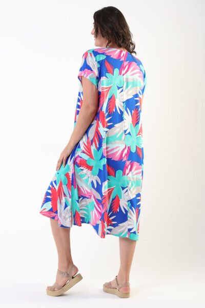 Likapa Yazlık Büyük Beden Viskon  V Yaka Kısa Kol Elbise 2688 MAVİ YAPRAK - 2XL