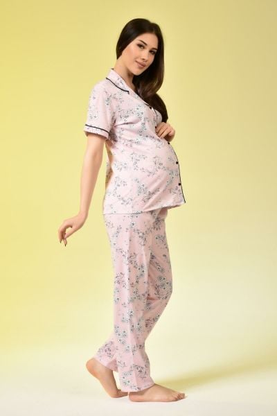 Penye Önden Düğmeli Hamile Lohusa KISA KOL PİJAMA TAKIMI(Kopya)