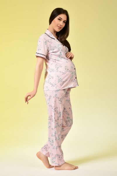 Penye Önden Düğmeli Hamile Lohusa KISA KOL PİJAMA TAKIMI 2XL