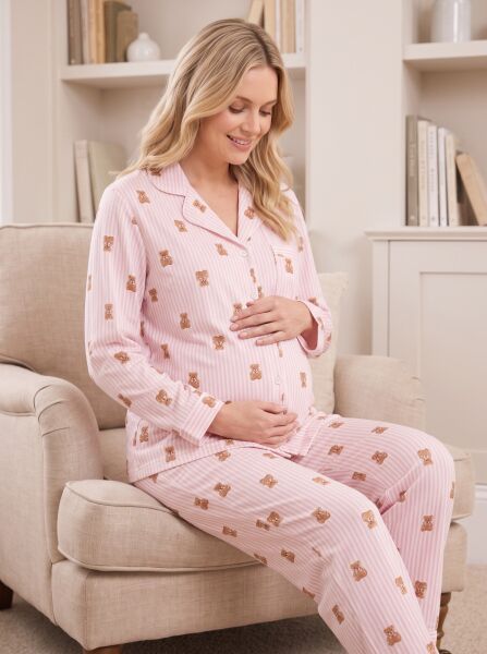 Likapa İnterlok Düğmeli Hamile Lohusa Uzun Kol Pijama Takımı 1354-01 XL - Ayıcık Desen