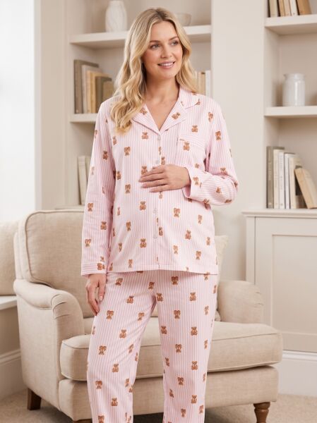 Likapa İnterlok Düğmeli Hamile Lohusa Uzun Kol Pijama Takımı 1354-01 2XL - Ayıcık Desen