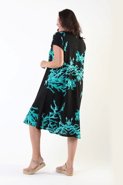 Likapa Yazlık Büyük Beden Viskon  V Yaka Kısa Kol Elbise 2688 2XL - siyah yeşil