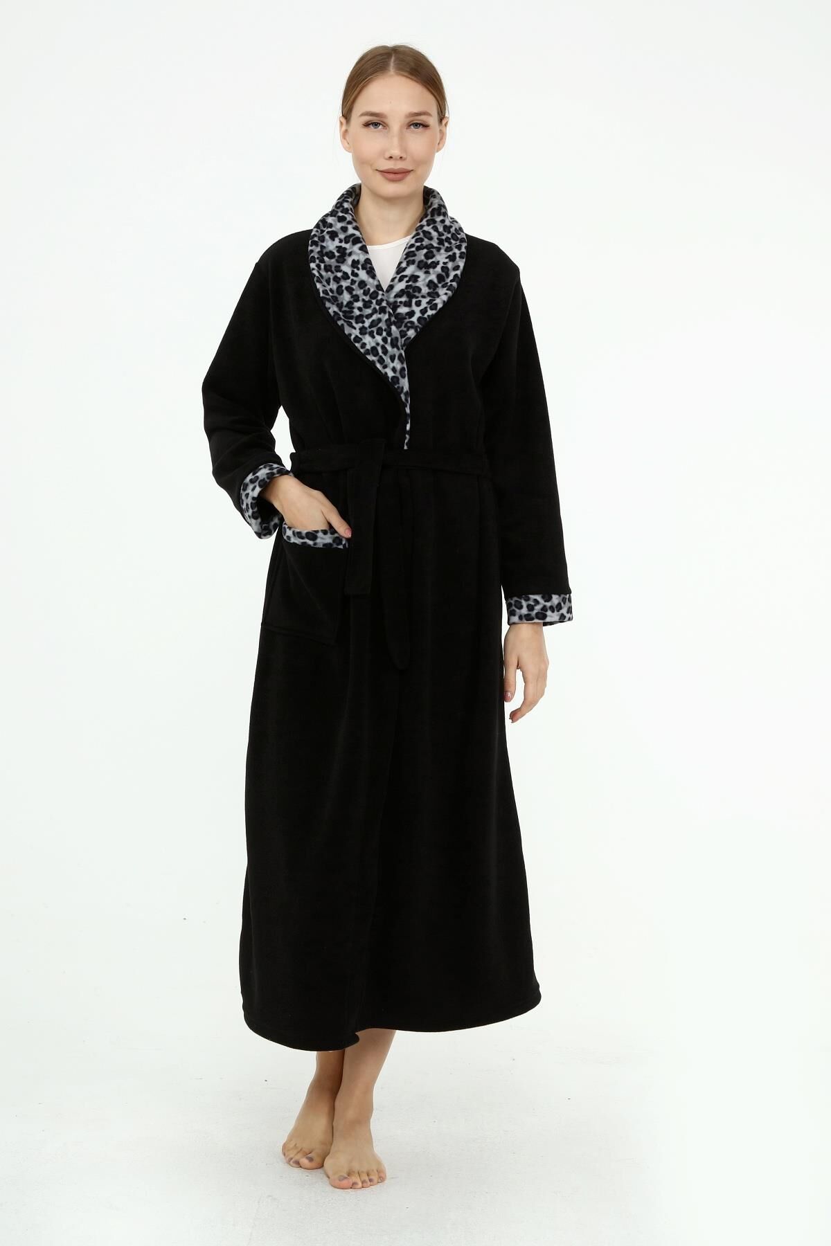 Likapa Uzun Şal Yaka Polar Sabahlık 226 Siyah Gri Leopar - XL