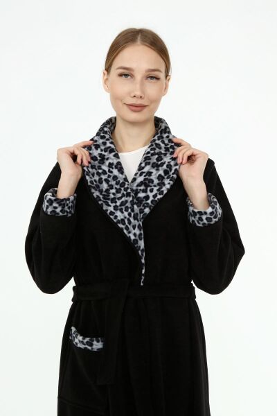 Likapa Uzun Şal Yaka Polar Sabahlık 226 Siyah Gri Leopar - XL
