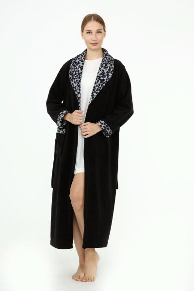 Likapa Uzun Şal Yaka Polar Sabahlık 226 Siyah Gri Leopar - 2XL