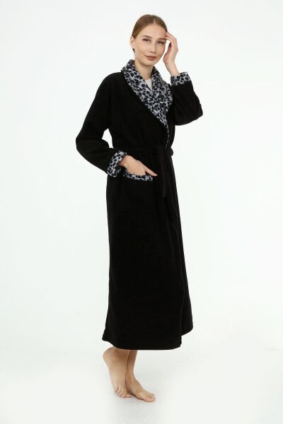 Likapa Uzun Şal Yaka Polar Sabahlık 226 Siyah Gri Leopar - 2XL