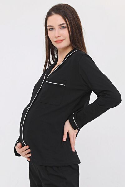 Likapa Penye Önden Düğmeli Hamile Lohusa UZUN KOL PİJAMA TAKIMI M - Siyah-Ekru