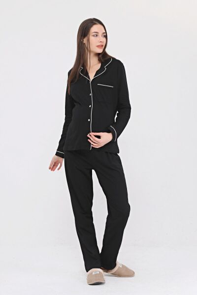 Likapa Penye Önden Düğmeli Hamile Lohusa UZUN KOL PİJAMA TAKIMI L - Siyah-Ekru