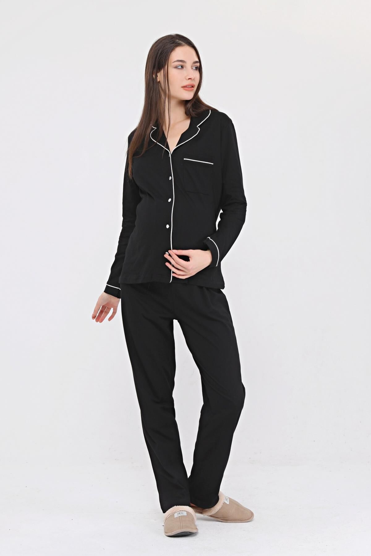 Likapa Penye Önden Düğmeli Hamile Lohusa UZUN KOL PİJAMA TAKIMI XL - Siyah-Ekru