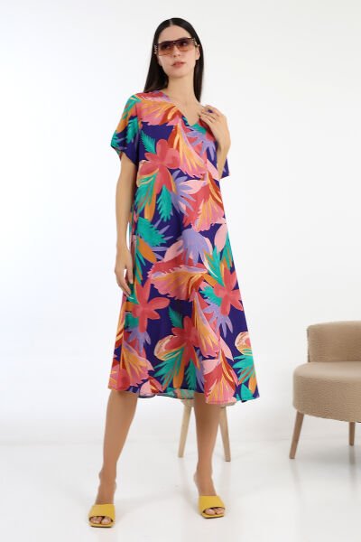 Likapa Yazlık Büyük Beden Viskon  V Yaka Kısa Kol Elbise 2688 PEMBE ÇİÇEK - S