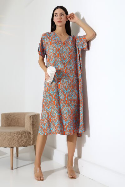 Likapa Yazlık Büyük Beden Viskon  V Yaka Kısa Kol Elbise 2688 Turuncu Şal Desen - S