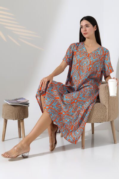 Likapa Yazlık Büyük Beden Viskon  V Yaka Kısa Kol Elbise 2688 Turuncu Şal Desen - S