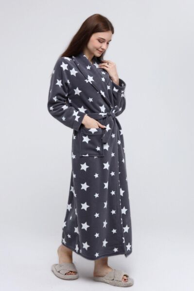 Likapa Uzun Şal Yaka Polar Sabahlık 226 KOYU GRİ YILDIZ - XL