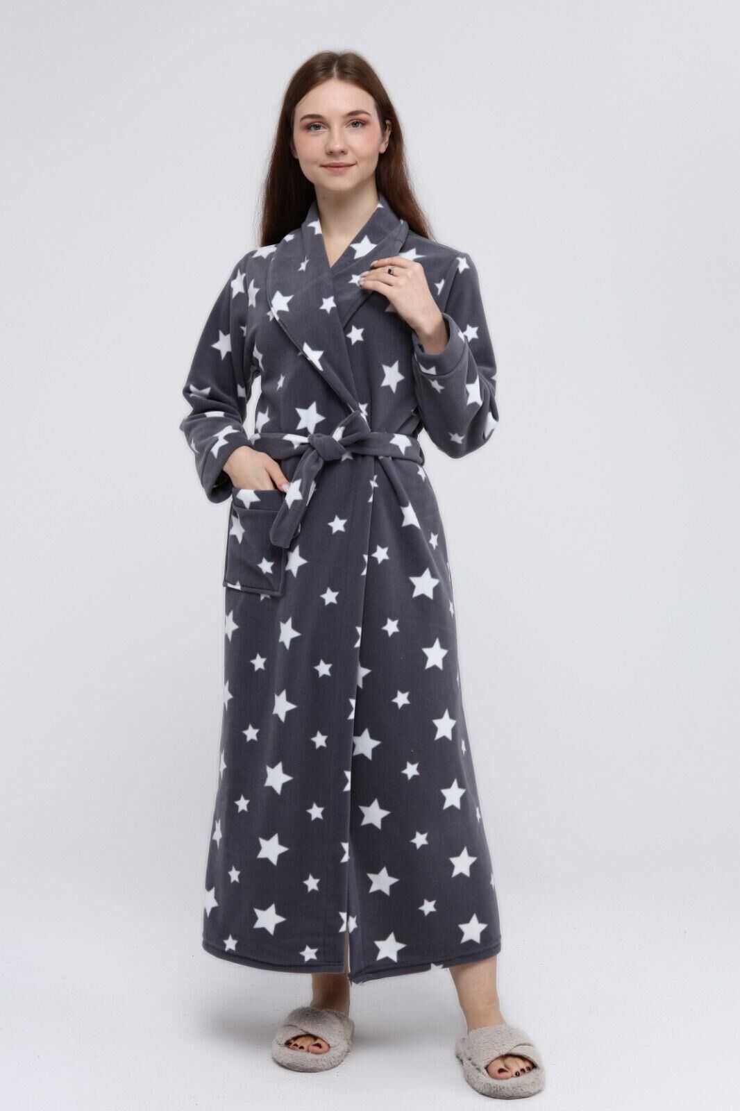 Likapa Uzun Şal Yaka Polar Sabahlık 226 KOYU GRİ YILDIZ - 2XL