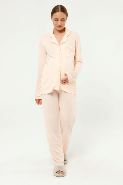 Önden Düğmeli Hamile Lohusa MEVSİMLİK UZUN KOL PİJAMA TAKIMI Düz Somon - M