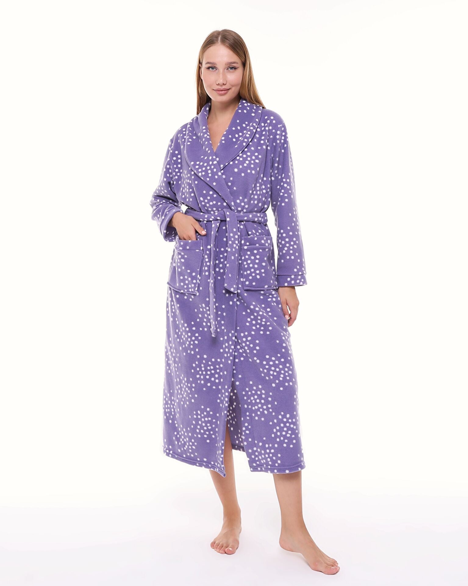 Likapa Uzun Şal Yaka Polar Sabahlık 226 M - MOR BEYAZ PUANLI